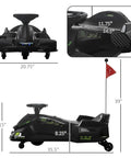 Side and top view of 12V Electric Kids Go Kart Drift Car With Slow Start Music And Colorful Lights Outdoor Ride On Toy For Ages 8 To 12 Two Speed 1.9 To 5 MPH Safe Easy Setup Black, with dimensions labeled.