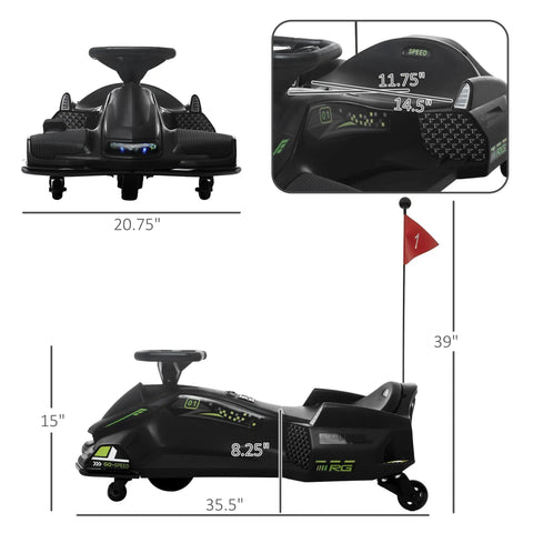 Side and top view of 12V Electric Kids Go Kart Drift Car With Slow Start Music And Colorful Lights Outdoor Ride On Toy For Ages 8 To 12 Two Speed 1.9 To 5 MPH Safe Easy Setup Black, with dimensions labeled.