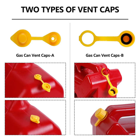 Image showing two types of vent caps for Gas Can Spout Replacement Kit With Vent Caps And Thick Rubber Pad 8.1 Inch Nozzle displayed on red cans.