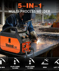 Welder using Versatile 5 In 1 Welder For Home Shop 110V 220V Dual Voltage MIG MMA Lift TIG Flux Core at a construction site