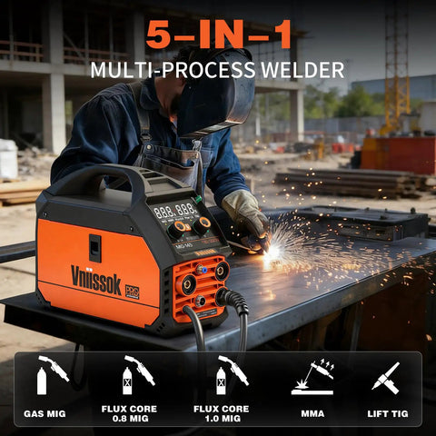 Welder using Versatile 5 In 1 Welder For Home Shop 110V 220V Dual Voltage MIG MMA Lift TIG Flux Core at a construction site
