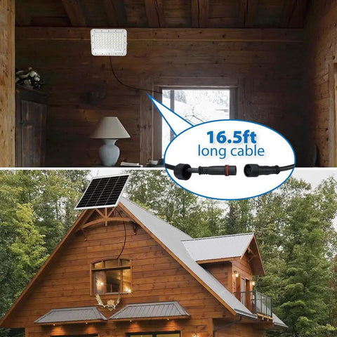 Beast Bright 300W Solar Flood Light With 24000 Lumens IP67 Waterproof Outdoor Security Lighting Remote Control No Wiring Needed Wireless Solar Power installation on wooden house with 16.5ft cable.
