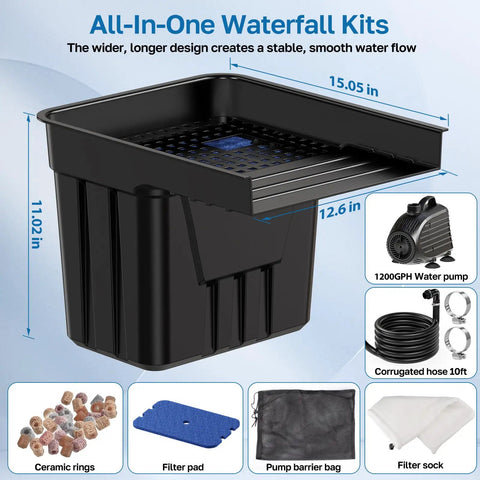 Pond Waterfall Spillway Kit With 1200GPH Pump, 10 Ft Corrugated Tubing, Filter Media, and Spillway components displayed