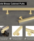 5 Pack Solid Brass Cabinet Handles With Brushed Brass Square T Bar Pulls 5 Inch Center Hole, shown in detail with matte finish.