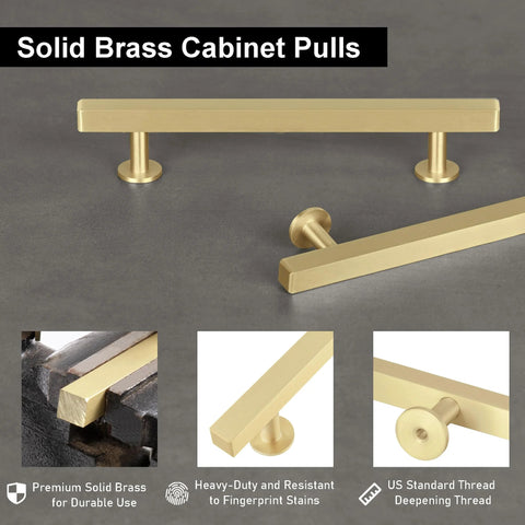 5 Pack Solid Brass Cabinet Handles With Brushed Brass Square T Bar Pulls 5 Inch Center Hole, shown in detail with matte finish.