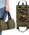 Five Pocket Tool Roll Organizer Pouch with zipper pockets and adjustable buckle closure for DIY tasks and tools, shown in use.