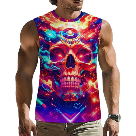 Men's Big And Tall 3D Flame Skull Graphic Tank Top Sleeveless Summer Muscle Tee Dope Gym Rat Fit in vibrant colors.