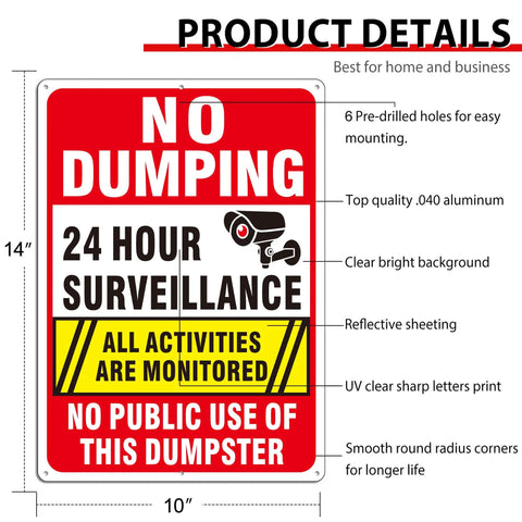 Catch Those Sneaky Trash Hogs With These 2 Pack Heavy Duty Aluminum No Dumping Signs 14x10 inch 24 hour surveillance design.