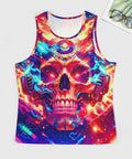 Killer Mens Sleeveless Tank Top Featuring Dope Neon Wolf And Flame Mechanical Skull Graphic Summer Muscle Tee, front view.