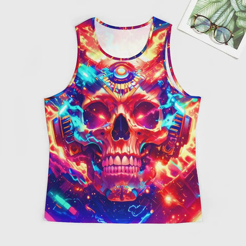 Killer Mens Sleeveless Tank Top Featuring Dope Neon Wolf And Flame Mechanical Skull Graphic Summer Muscle Tee, front view.