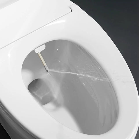 Non Electric Bidet Toilet Seat With Self Cleaning Retractable Nozzle For Elongated White Toilet Seats No Fuss Easy Installation And Adjustable Water Pressure CUPC Certified showing water spray action