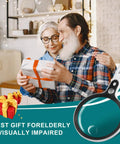 Large Magnifying Glass With 37 LED Lights, 10X 20X 45X Handheld Illuminated Magnifier next to a couple holding a gift in a kitchen.