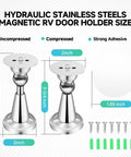 Magnetic RV Door Holder With Hydraulic Shock Absorber Quiet Close Latch For Camper Trailer Motorhome Stainless Steel 2 Pack Built Tough For Everyday Use showing size, adhesive, and screws