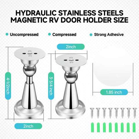 Magnetic RV Door Holder With Hydraulic Shock Absorber Quiet Close Latch For Camper Trailer Motorhome Stainless Steel 2 Pack Built Tough For Everyday Use showing size, adhesive, and screws