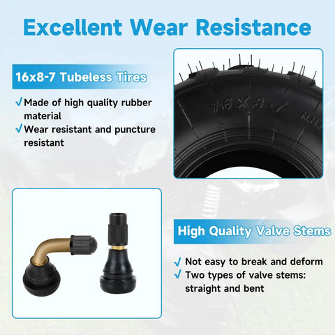 16x8-7 ATV Tire Tubeless All-Terrain Replacement For Tao Tao Coolster with valve stems, showcasing wear resistance and material.