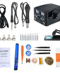 2 In 1 Hot Air SMD Soldering Station Rework System with desoldering air gun, soldering iron stand, tips, and accessories.