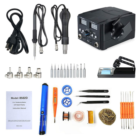 2 In 1 Hot Air SMD Soldering Station Rework System with desoldering air gun, soldering iron stand, tips, and accessories.