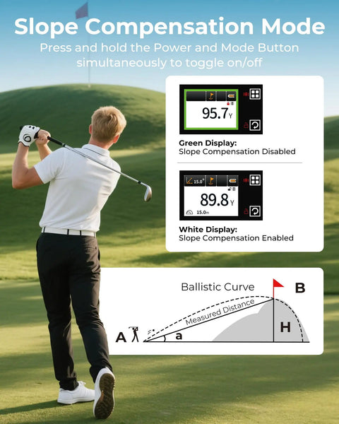 Game Changing Golf Range Finder With 2.4 Inch Color Touchscreen And Slope Detection Reads Up To 1312 Yards Fast Target Lock Easy Mode Switching Built For Sharper Shots And Lower Scores On The Course showing slope compensation mode