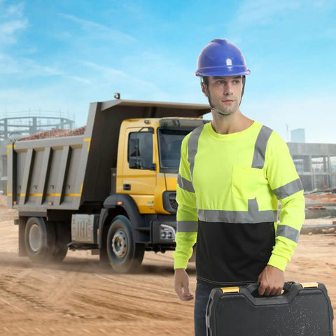 Kickass High Visibility Class 3 Hi Vis Safety Shirt With Reflective Strips And Pocket Long Sleeve Quick Dry Mesh Workwear For Construction Jobs Built Tough And Sweat Free For Active Crews In Lime And Black worn by a man holding a toolbox at a construction site.