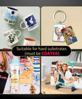 Sublimation Paper 8.5x11 Inch 110 Sheets For Sublimation Printers And Inks Fast Dry With 98 Percent Transfer Rate White Or Light Poly Compatible Plus Cotton Content Under 30 Percent Best For Ceramic Tiles Phone Cases Mugs Tumblers And Plates showing designs on mugs, phone cases and a photo block.
