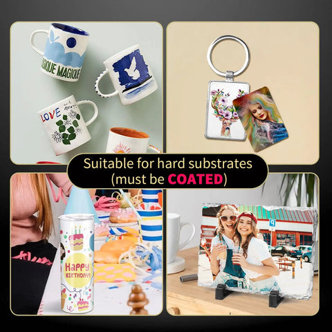 Sublimation Paper 8.5x11 Inch 110 Sheets For Sublimation Printers And Inks Fast Dry With 98 Percent Transfer Rate White Or Light Poly Compatible Plus Cotton Content Under 30 Percent Best For Ceramic Tiles Phone Cases Mugs Tumblers And Plates showing designs on mugs, phone cases and a photo block.