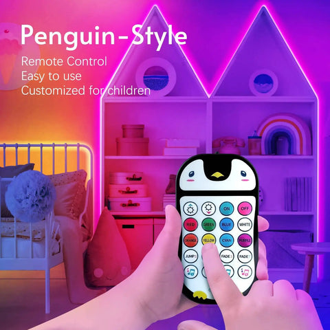 60Ft Bluetooth LED Strip Lights With Music Sync illuminating a room, remote control in hand, creating vibrant RGB color effects.