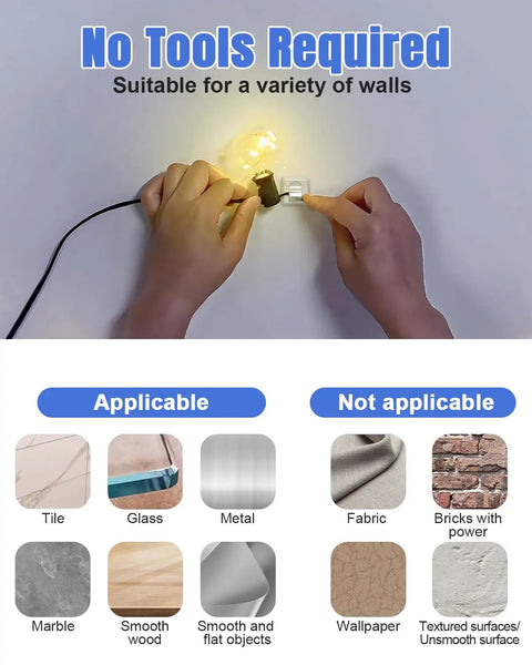 Person installing Outdoor String Light Clips 25 Pack Large Square Clear Heavy Duty Light Hooks With Waterproof Adhesive Strips on smooth wall.