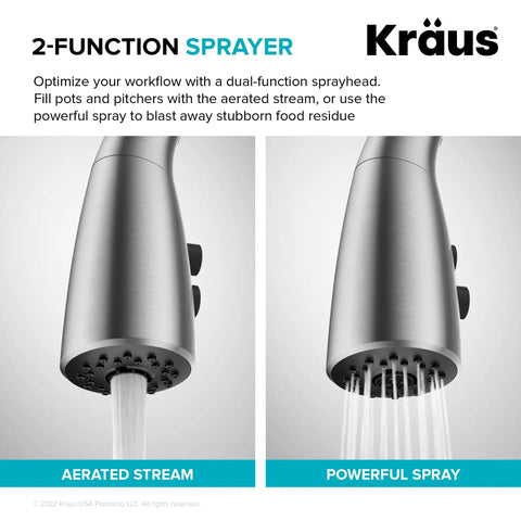 Close-up of Kraus dual-function sprayer with aerated stream and powerful spray modes for kitchen faucets, matte finish.