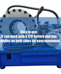 Shop Ready 12v Portable Electric Hydraulic Hose Crimping Machine With Ten Heavy Die Sets Quarter To Two Inch Range Three Hundred Ton Press For Grease Monkey Brake Line Swaps, showing dual handles and 12V battery compatibility.