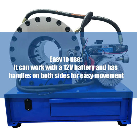 Shop Ready 12v Portable Electric Hydraulic Hose Crimping Machine With Ten Heavy Die Sets Quarter To Two Inch Range Three Hundred Ton Press For Grease Monkey Brake Line Swaps, showing dual handles and 12V battery compatibility.