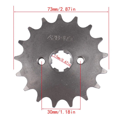 Front 17T sprocket from 428 Chain And Sprocket Kit With 37 Tooth Rear Sprocket 52mm ID Fits 50cc 70cc 90cc 110cc 125cc And 250cc Pit Dirt Bikes ATVs Quad Bikes And Motorcycles Front 17T Sprocket Included For Smoother Acceleration And Ride-Ready Power Boost.