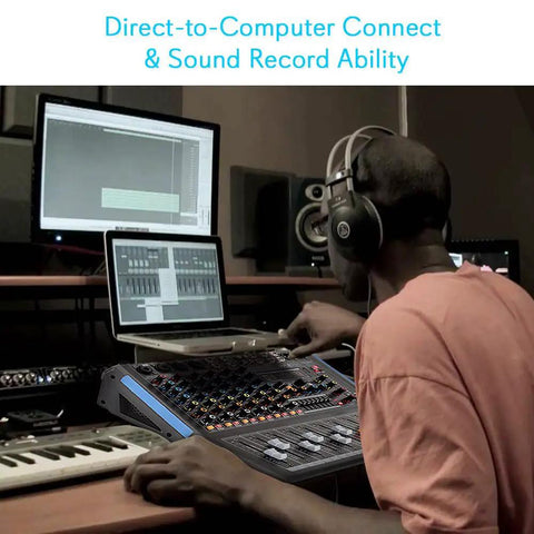 Musician using 8 Channel Console Style DJ Mixer With Bluetooth For Home Studio And Live Sets Pro DJ Sound Controller