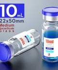 Two sterile 10 mL borosilicate glass vials with blue flip-top caps, one upright and one lying