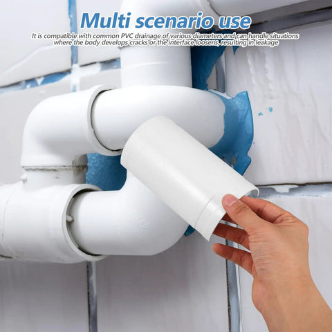 Applying 75Mm Leak Repair Patch Kit for PVC Drain Pipes With Open Union Connector For Quick Water Pipe Fixes And Emergency Maintenance DIY Friendly Hassle Free Easy Leak Seal No Tape Required to a PVC corner joint