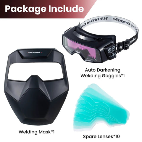 Auto Darkening Welding Goggles Kit With Welder Mask And 10 Replacement Lenses, Wide Shade Range 4/5-9/9-13, Adjustable Sensitivity For TIG MIG ARC Plasma Cutting, Grinding And More, All In One Set.