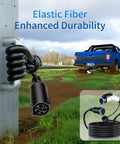 Keep Your Electric Ride Rolling Smooth With This Badass J1772 Ev Extension Cord, 32 Amp Level One And Two Compatible, Stretched Twenty One Feet For Garage Or Street Charging, coiled black EV charging cord.