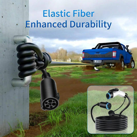 Keep Your Electric Ride Rolling Smooth With This Badass J1772 Ev Extension Cord, 32 Amp Level One And Two Compatible, Stretched Twenty One Feet For Garage Or Street Charging, coiled black EV charging cord.