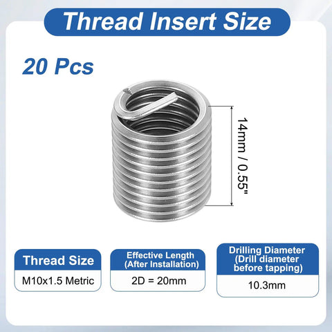 Mechanical diagram showing M10x1.5 metric wire thread insert size details, 304 stainless steel coil sleeve for tough repairs.