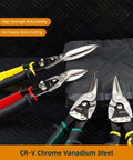 Three Piece Aviation Tin Snips Set 10 Inch Left Cut Right Cut And Straight Cut Metal Shears Heavy Duty Chrome Vanadium Steel CR V For Sheet Metal Cutting And Fabrication Pro Grade Auto Body D I Y Projects