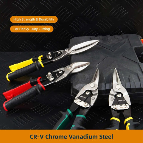 Three Piece Aviation Tin Snips Set 10 Inch Left Cut Right Cut And Straight Cut Metal Shears Heavy Duty Chrome Vanadium Steel CR V For Sheet Metal Cutting And Fabrication Pro Grade Auto Body D I Y Projects