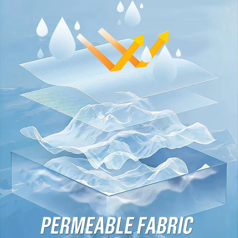 Illustration of the breathable HDPE fabric showing water permeability and UV blocking for Gray Equilateral Shade Sail 32 Ft By 32 Ft By 32 Ft Dope Patio Backyard Outdoor Canopy Breathable HDPE 190 GSM Permeable UV Blocking Sun Shade For Garden Pool Pergola Durable Weatherproof.