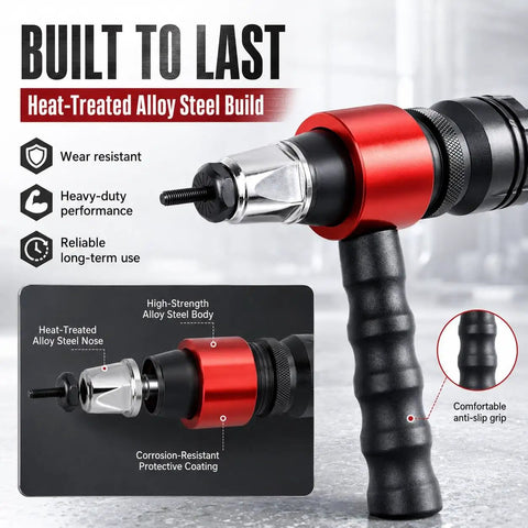 Pro Grade Electric Rivet Gun Adapter Kit For Drills M3 To M10 with heat-treated alloy steel build and anti-slip grip handle