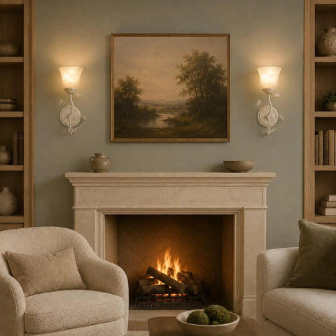 Folux Battery-Operated Vintage White Flower Wall Sconce Set of 2, Wireless Wall Light, enhancing cozy living room ambiance.