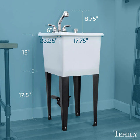 Space Saving Utility Sink With Pull-Out Chrome Faucet And Built-In Soap Dispenser White Narrow Thermoplastic Tub 17.75 W X 23.25 D