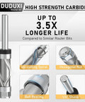 Flush Trim Router Bit With Quarter Inch Shank Top And Bottom Bearing Two Plus Two Flute Half Inch Cutting Diameter One Inch Cutting Length Spiral Up Down Pattern For Precision Wood Trimming next to feature highlights.
