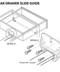 Diagram of 4-Pack Rear Drawer Slide Guides 1/4 Inch Rail T-Shape Center Mount, showing installation details and screws.