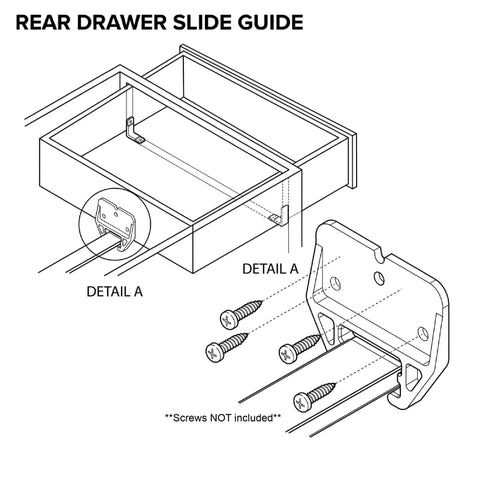 Diagram of 4-Pack Rear Drawer Slide Guides 1/4 Inch Rail T-Shape Center Mount, showing installation details and screws.