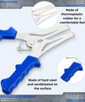 Close-up of pliers from 22 Piece Miter Spring Clamps Kit With Spring Loaded Pliers, 20 Clamps And Storage Ring, blue handles, steel construction.
