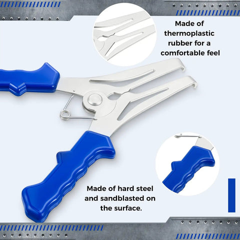 Close-up of pliers from 22 Piece Miter Spring Clamps Kit With Spring Loaded Pliers, 20 Clamps And Storage Ring, blue handles, steel construction.