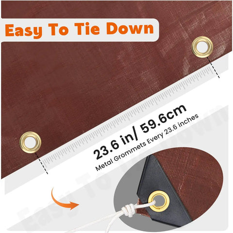 Close-up of Heavy Duty Waterproof Tarp 12x20 Feet Ultra Thick 16 Mil HDPE Brown with reinforced corners and metal grommets.